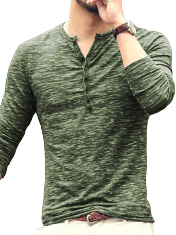 New fashion open placket slub silk men's long-sleeved T-shirt