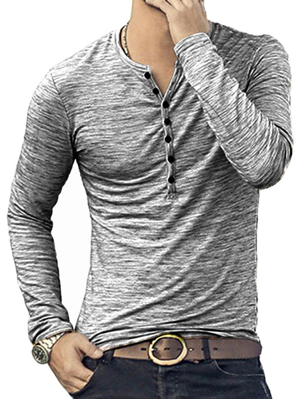 New fashion open placket slub silk men's long-sleeved T-shirt