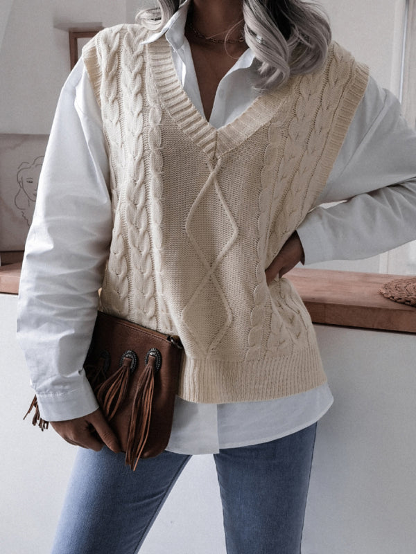 Women's V-neck fried dough twist casual loose knit vest sweater