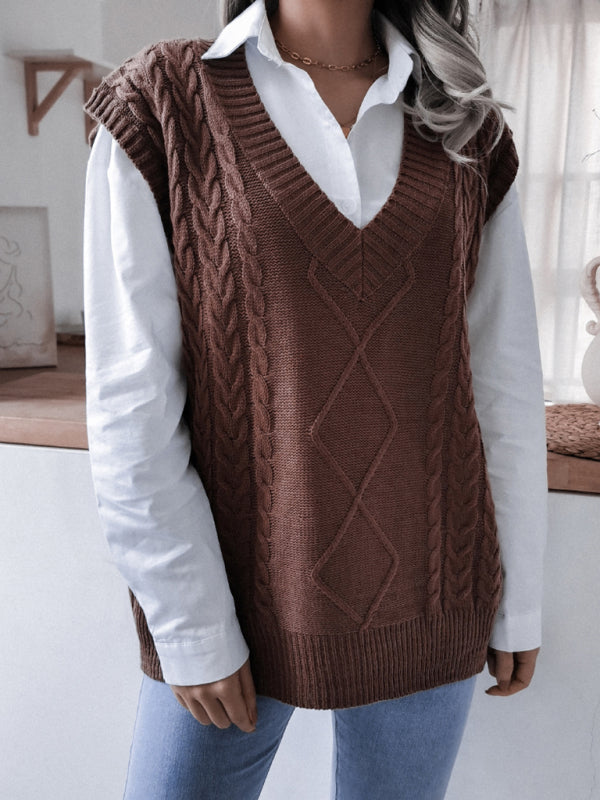 Women's V-neck fried dough twist casual loose knit vest sweater