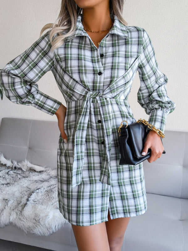 Women's long sleeve casual Plaid tie cotton linen shirt skirt