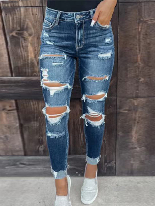 Women's Rip Distressed Lined With Plaid Print Curvy Fit Skinny Jeans