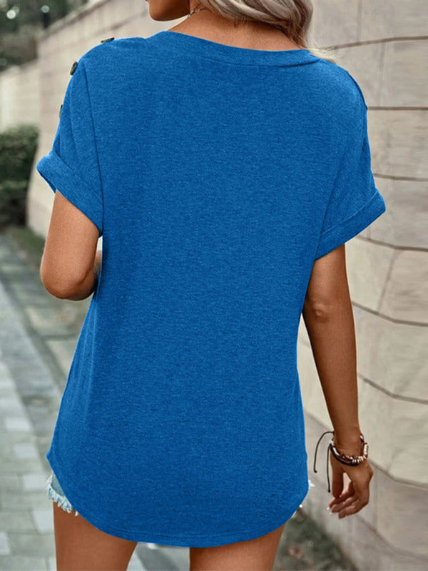 Women's Casual Solid Color Button Short Sleeve T-Shirt